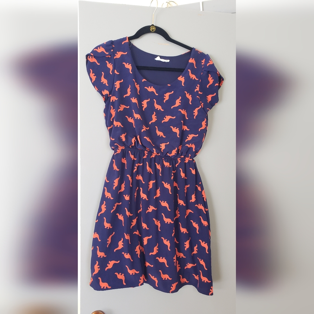 Dinosaur Print Dress in Navy and Orange